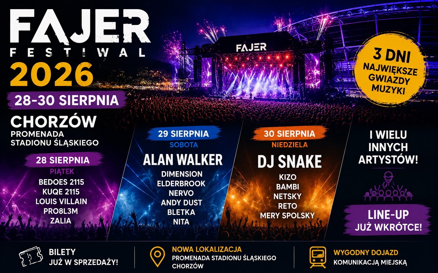 Fajer Festiwal 2026 w Chorzowie. DJ Snake, Alan Walker i Bedoes wystąpią przy Stadionie Śląskim